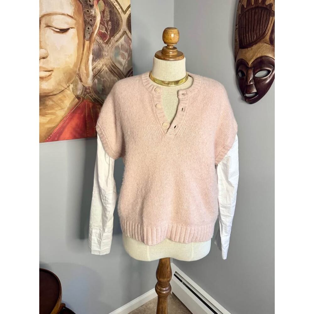 Naadam Cotton/Cashmere Blend Blush Mixed Media Henley Knit Sweater - Picture 4 of 10